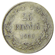 Монета 25 пенни 1909 года Русская Финляндия (аверс)