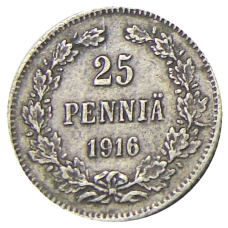 Монета 25 пенни 1916 года Русская Финляндия (аверс)