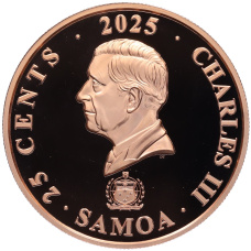 Монета 25 центов 2025 года Самоа «Четыре хранителя (символы на карнизной плитке) — Белый тигр Запада» (реверс)
