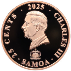 Монета 25 центов 2025 года Самоа «Четыре хранителя (символы на карнизной плитке) — Лазурный дракон Востока» (реверс)