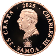 Монета 25 центов 2025 года Самоа «Четыре хранителя (символы на карнизной плитке) — Красная птица Юга» (реверс)