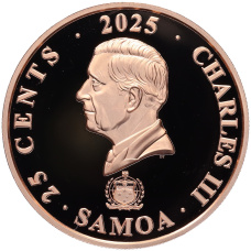 Монета 25 центов 2025 года Самоа «Четыре хранителя (символы на карнизной плитке) — Черная черепаха Севера» (реверс)
