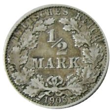Монета 1/2 марки 1905 года D Германия (аверс)