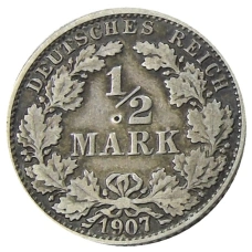 Монета 1/2 марки 1907 года J Германия (аверс)