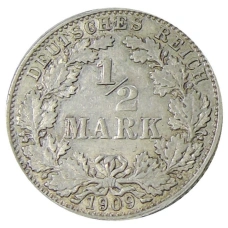 Монета 1/2 марки 1909 года D Германия (аверс)