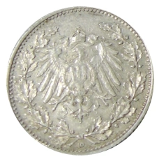 Монета 1/2 марки 1909 года D Германия (реверс)