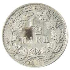 Монета 1/2 марки 1916 года F Германия (аверс)