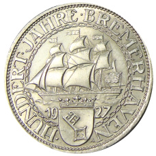 Монета 3 рейхсмарки 1927 года А Германия «100 лет Бремерхафену» (аверс)