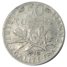 Монета 50 сантимов 1910 года Франция (аверс)