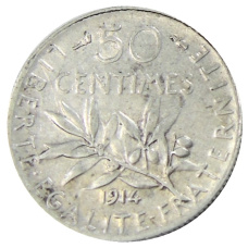 Монета 50 сантимов 1914 года Франция (аверс)