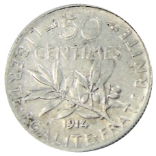 Монета 50 сантимов 1914 года Франция (аверс)