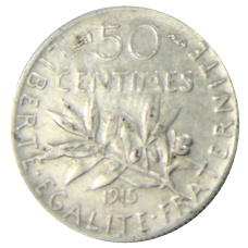 Монета 50 сантимов 1915 года Франция (аверс)