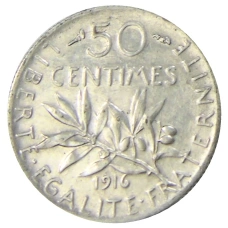 Монета 50 сантимов 1916 года Франция (аверс)