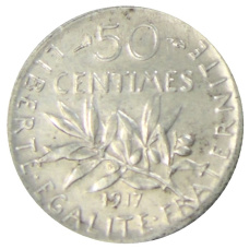 Монета 50 сантимов 1917 года Франция (аверс)