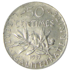 Монета 50 сантимов 1917 года Франция (аверс)