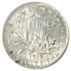 Монета 50 сантимов 1919 года Франция (аверс)