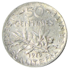 Монета 50 сантимов 1919 года Франция (аверс)