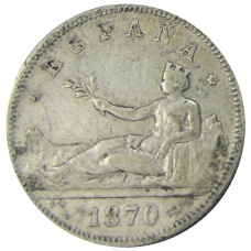 Монета 2 песеты 1870 (73) года Испания (аверс)