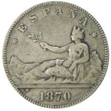 Монета 2 песеты 1870 (73) года Испания (аверс)