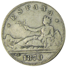 Монета 2 песеты 1870 года Испания (аверс)