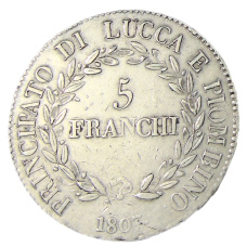 Монета 5 франков 1807 года Итальянские государства Лукка и Пьомбиньо (реверс)