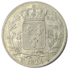 Монета 5 франков 1824 года W Франция (реверс)