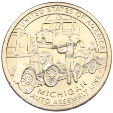 Монета 1 доллар 2025 года D США «Американские инновации — Конвейерная линия для сборки автомобиля (Мичиган)» (аверс)