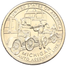 Монета 1 доллар 2025 года D США «Американские инновации — Конвейерная линия для сборки автомобиля (Мичиган)» (аверс)