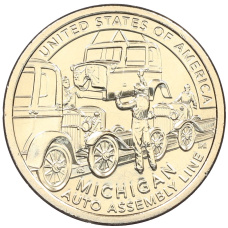 Монета 1 доллар 2025 года P США «Американские инновации — Конвейерная линия для сборки автомобиля (Мичиган)» (аверс)