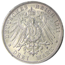 Монета 3 марки 1911 года F Германия (Вюртемберг) — 25 лет свадьбе Вильгельма II и Шарлотты (реверс)