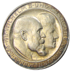 Монета 3 марки 1911 года F Германия (Вюртемберг) — 25 лет свадьбе Вильгельма II и Шарлотты (аверс)