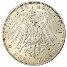 Монета 3 марки 1911 года F Германия (Вюртемберг) — 25 лет свадьбе Вильгельма II и Шарлотты (реверс)