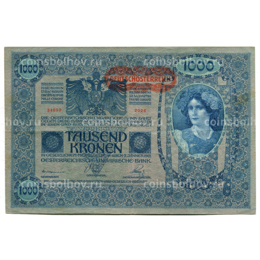 Банкнота 1000 крон 1902 года Австрия — надпечатка