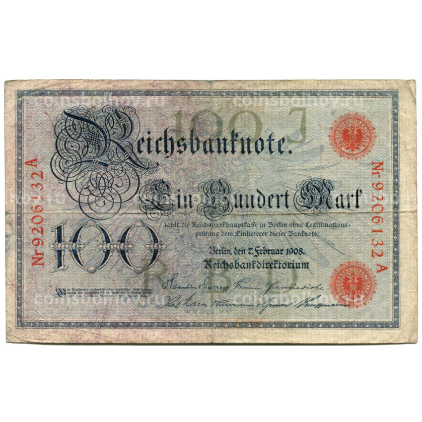Банкнота 100 марок 1908 года Германия «Прозрачный орел»