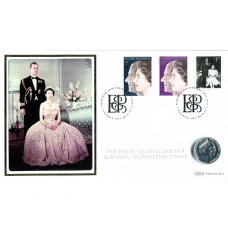 Монета 20 фунтов 2017 года Великобритания «70 лет свадьбе Королевы Елизаветы II и Принца Филиппа» (в конверте с марками) (аверс)