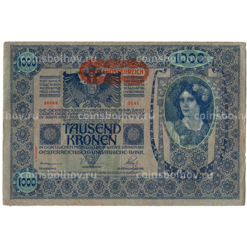 Банкнота 1000 крон 1902 года Австрия — надпечатка