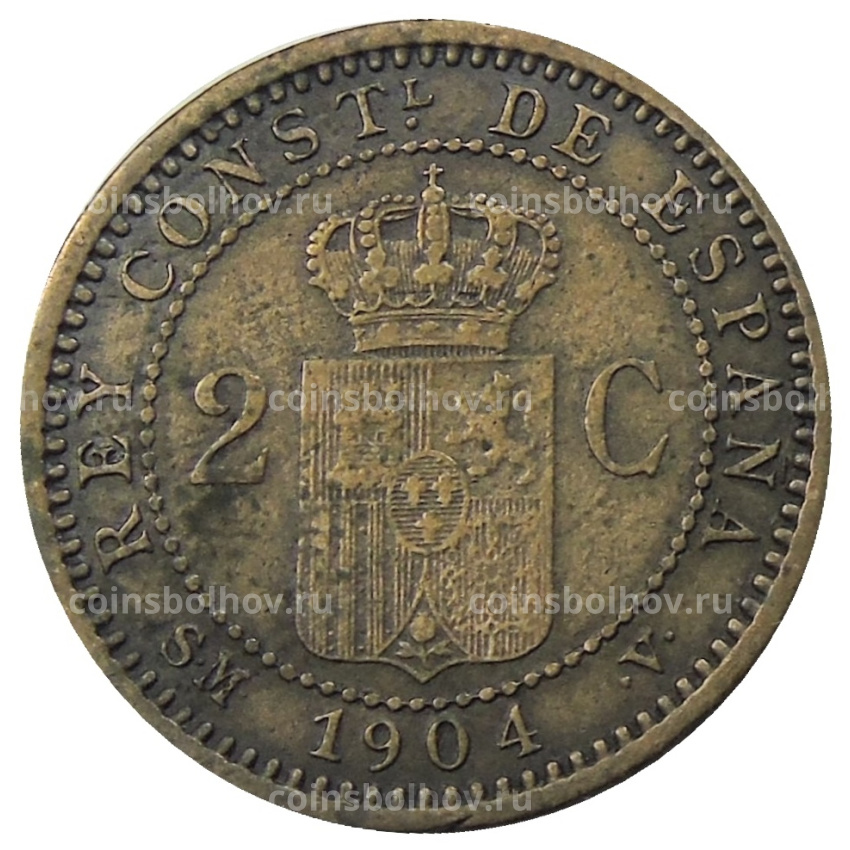 Монета 2 сентимо 1904 года Испания