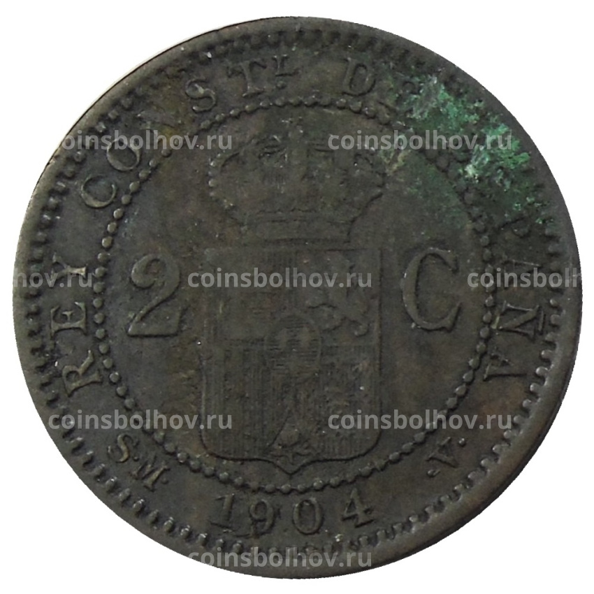 Монета 2 сентимо 1904 года Испания