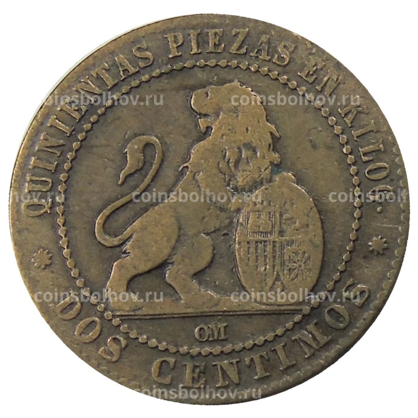 Монета 2 сентимо 1870 года Испания
