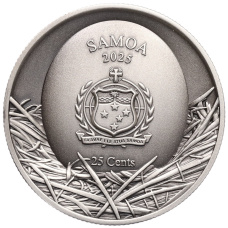 Монета 25 центов 2025 года Самоа «Дупло дерева — Короткоухая сова (Болотная сова)» (реверс)