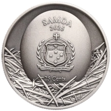 Монета 25 центов 2025 года Самоа «Дупло дерева — Короткоухая сова (Болотная сова)» (реверс)