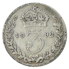 Монета 3 пенса 1892 года Великобритания (аверс)