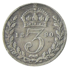 Монета 3 пенса 1890 года Великобритания (аверс)