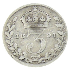 Монета 3 пенса 1891 года Великобритания (аверс)
