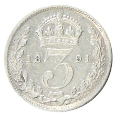 Монета 3 пенса 1891 года Великобритания (аверс)