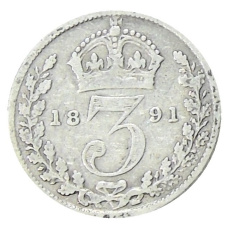 Монета 3 пенса 1891 года Великобритания (аверс)