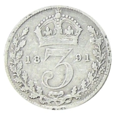 Монета 3 пенса 1891 года Великобритания (аверс)