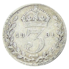 Монета 3 пенса 1891 года Великобритания (аверс)