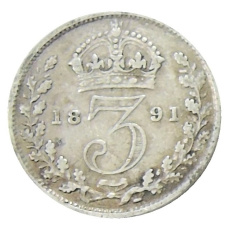 Монета 3 пенса 1891 года Великобритания (аверс)
