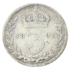 Монета 3 пенса 1891 года Великобритания (аверс)